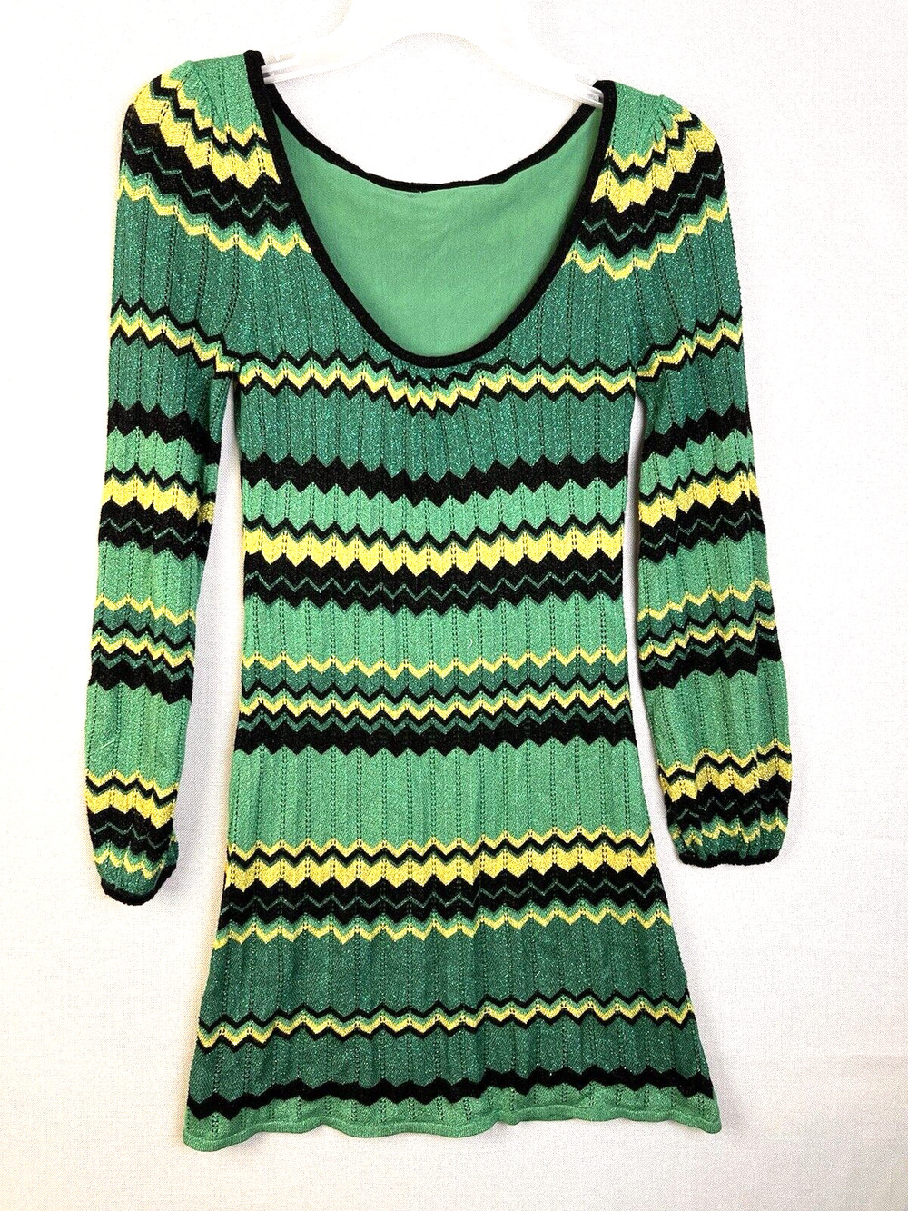 Bebe Dress Womens Small Green Black Silver Chevron Metallic Party Night Out